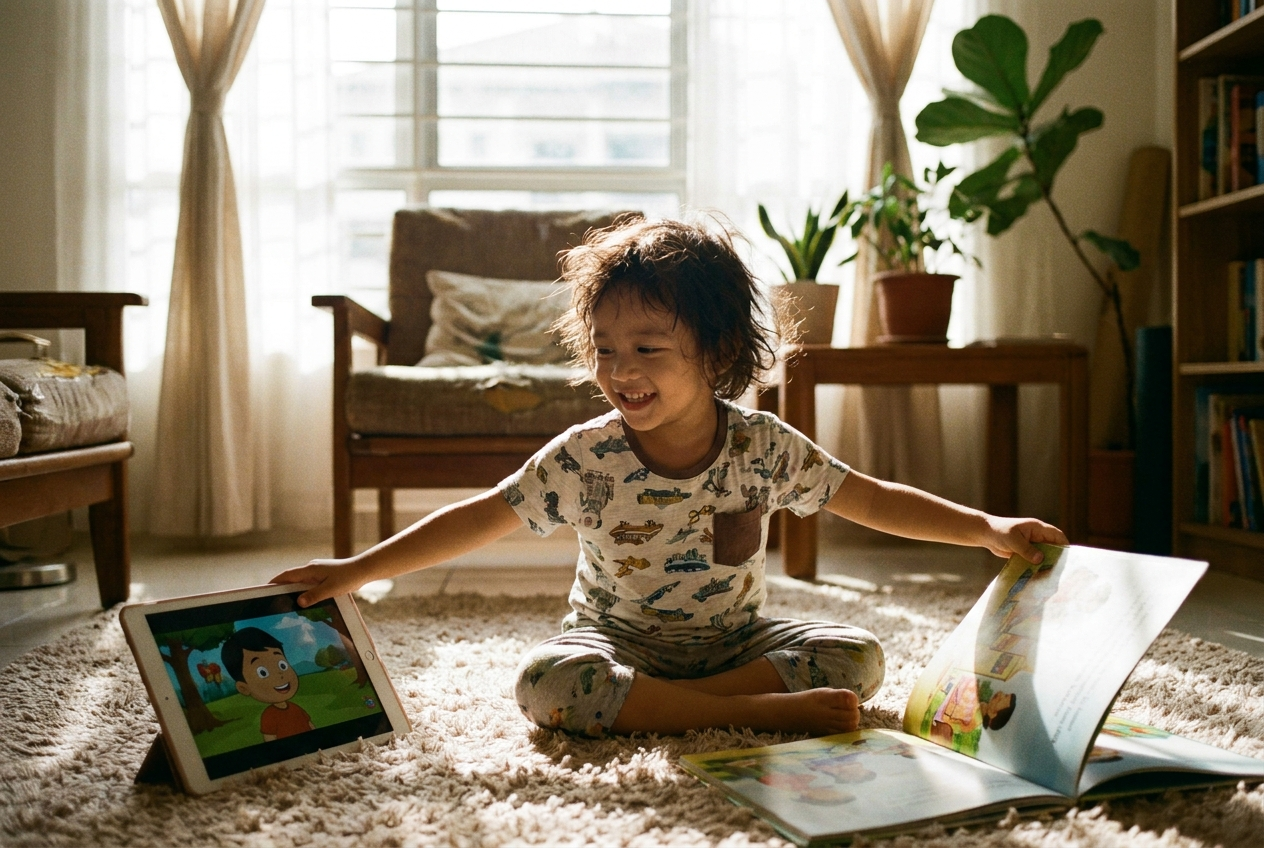 Child choosing a book instead of a tablet
