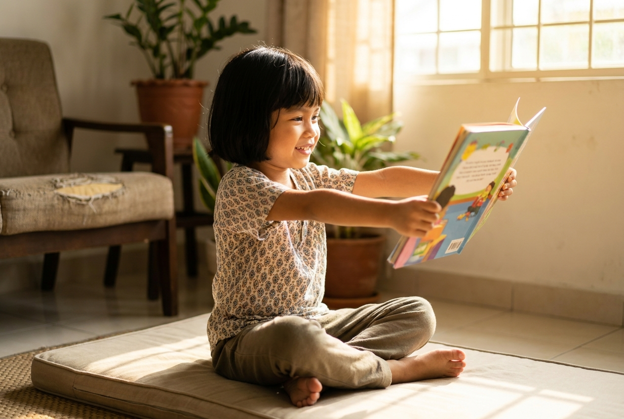 Child reading a book at arm's length