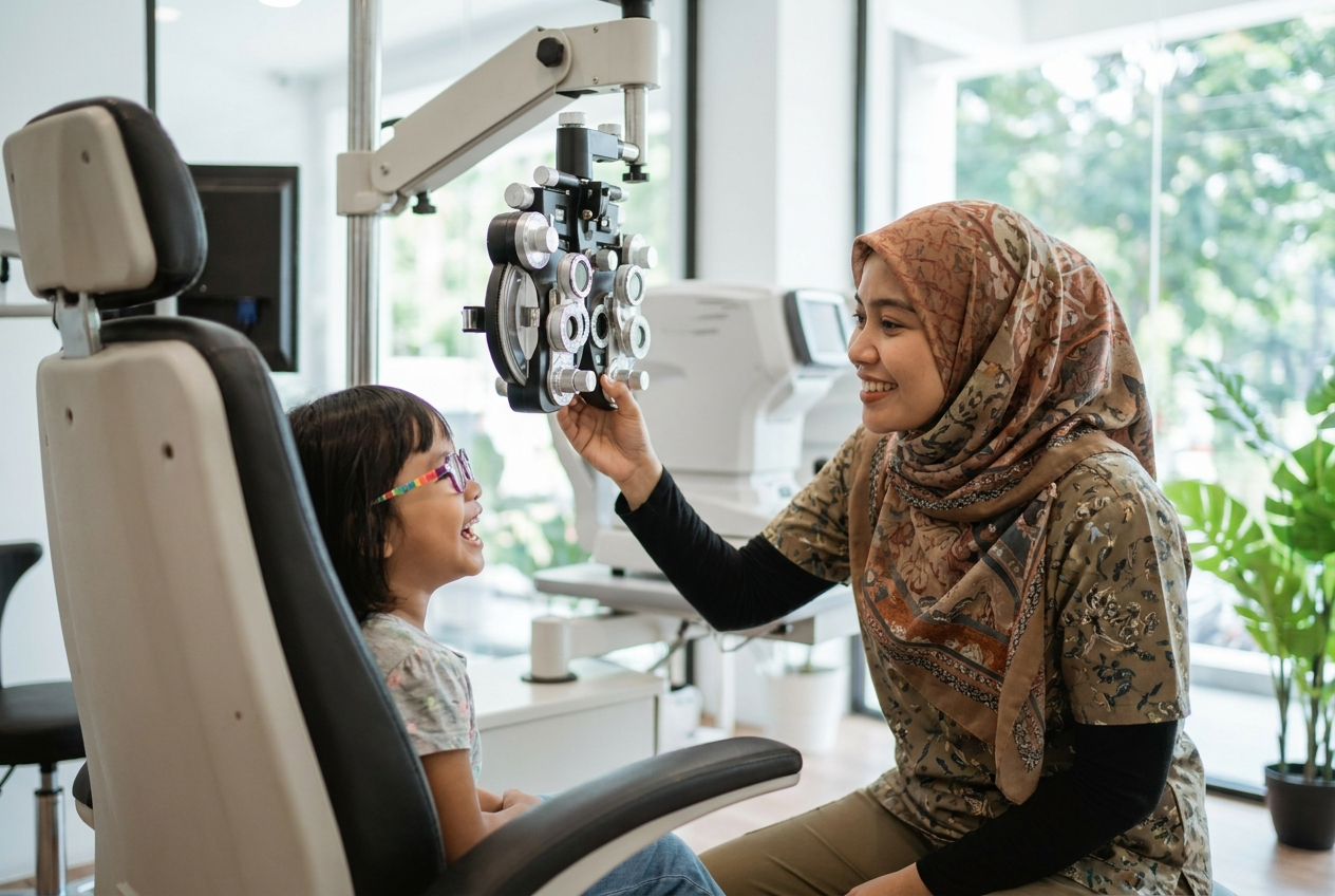 Optometrist examining a child's eyes