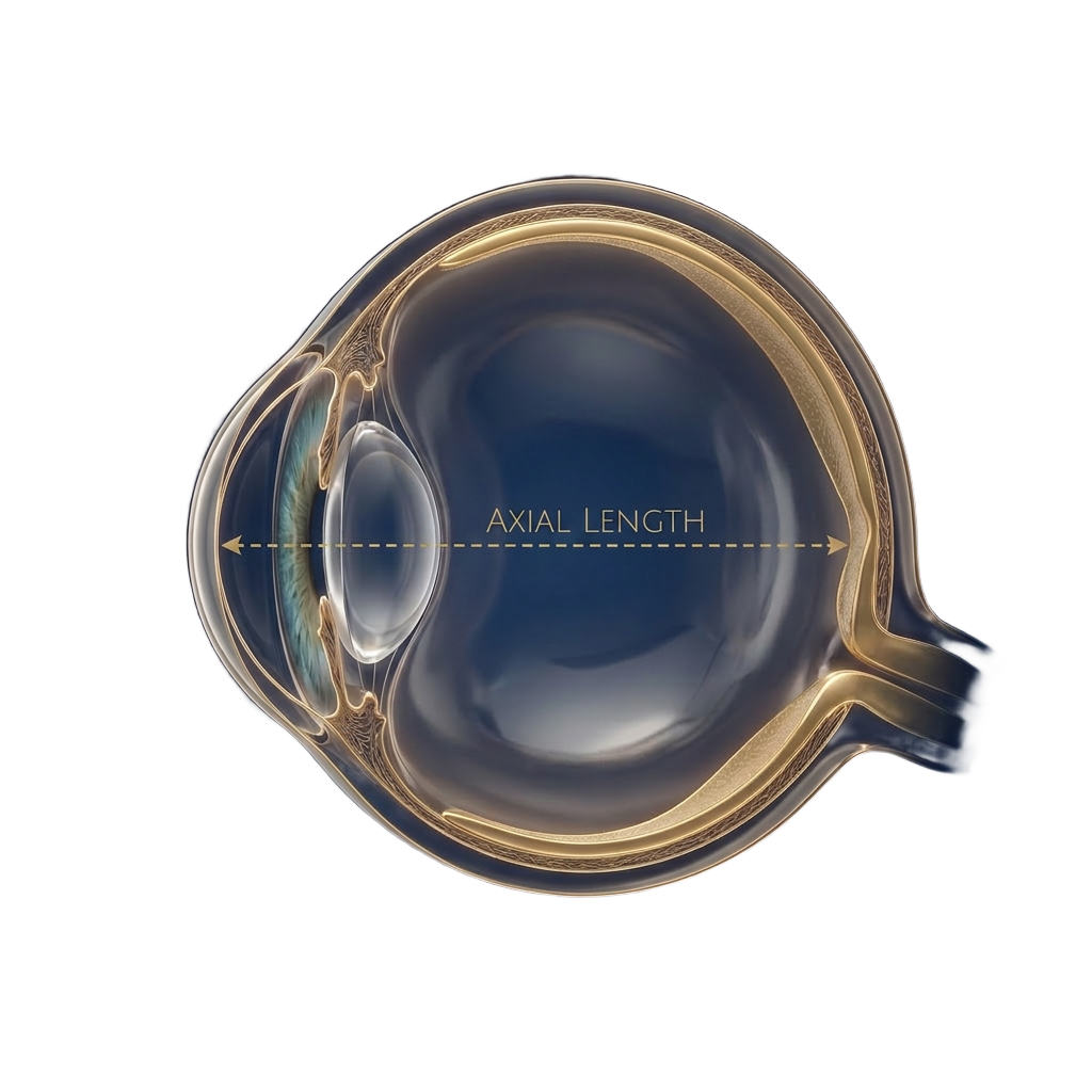 Cross-section of the eye showing axial length, from front to back